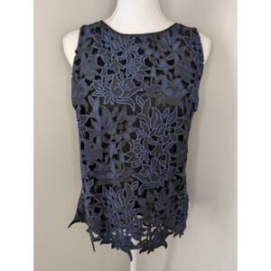 White House Black Market Blue and Black Floral Lace Blouse